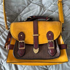 NWT Modcloth mustard yellow & two-tone brown faux leather convertible bag